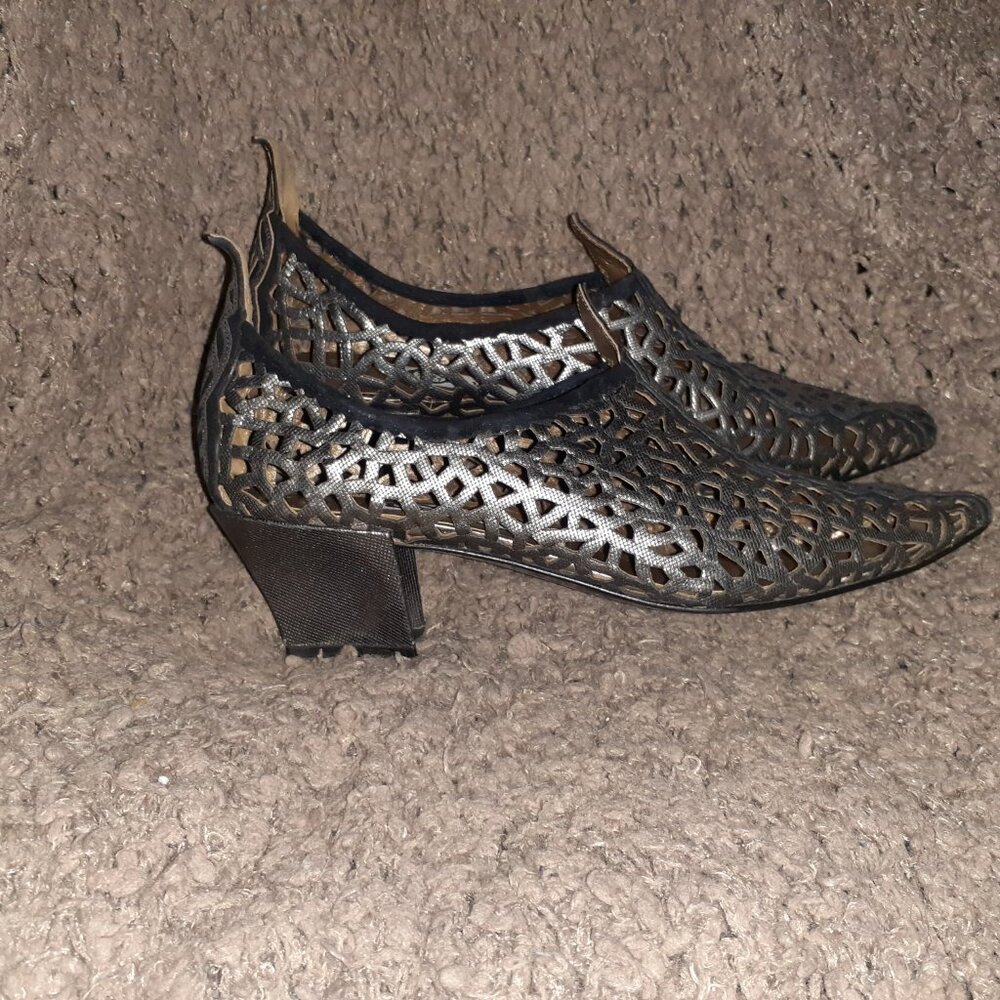 EL VAQUERO-Cowboy-Laser Cut-Out-Pewter Metallic Leather-VINTAGE-Sz 38-Excellent - Picture 5 of 8